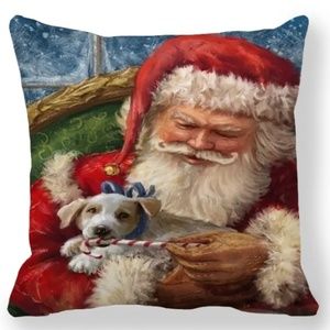 NEW SANTA CLAUS CHRISTMAS PUPPY DOG RETRO LOOK POLYESTER PILLOW COVER 18" DECOR